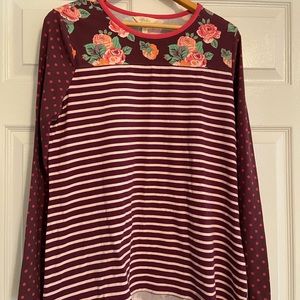 Matilda Jane Burgandy Calling Bird Top Polka Dot